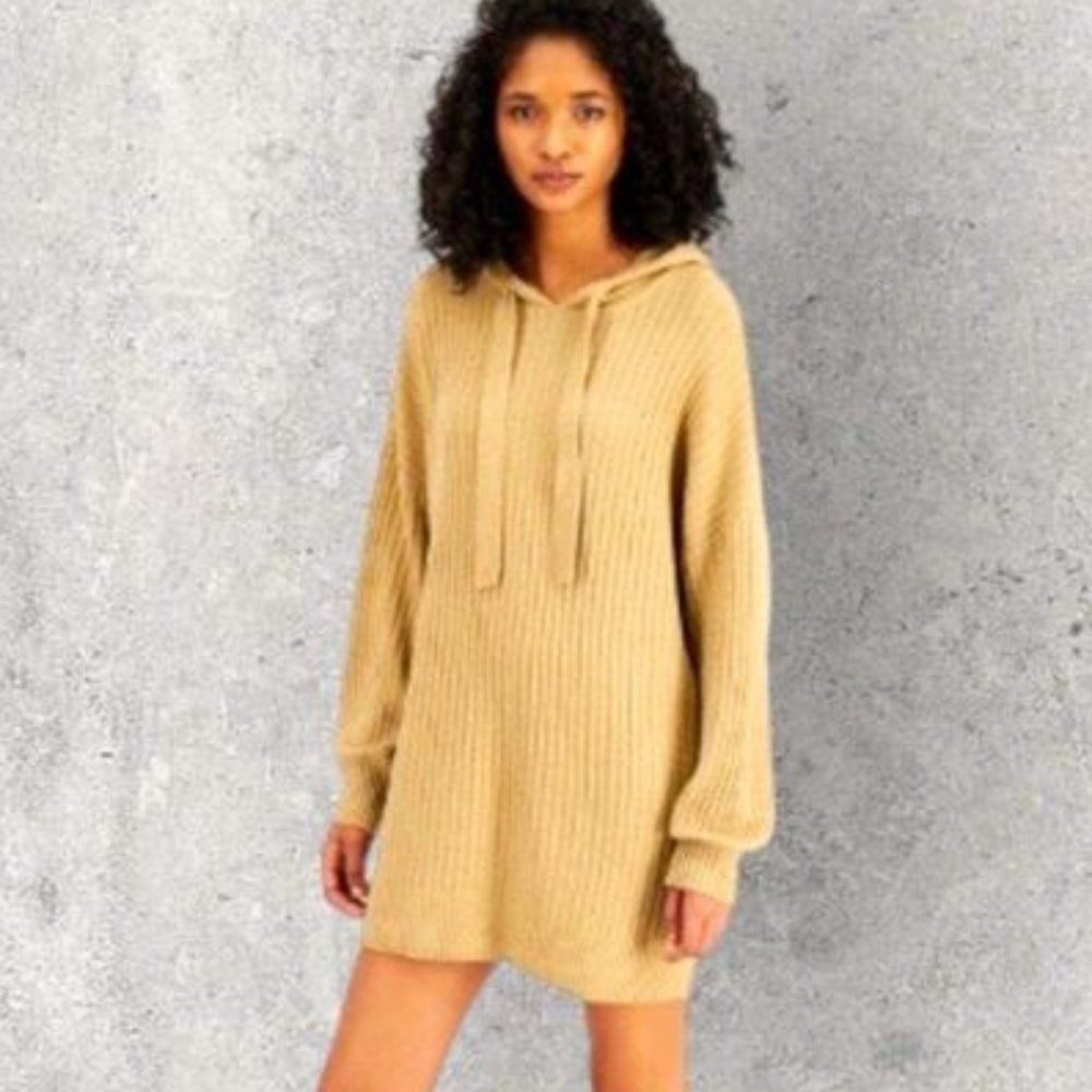 Sugar Moon Rib-Knit Hoodie Sweater Dress Women's Size Medium Khaki Tan Brown
